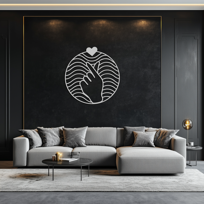 Heart Finger Love Sign Metal Wall Art - Round Minimalist Steel Decor - KAF056 - Tampa Home & Garden Store