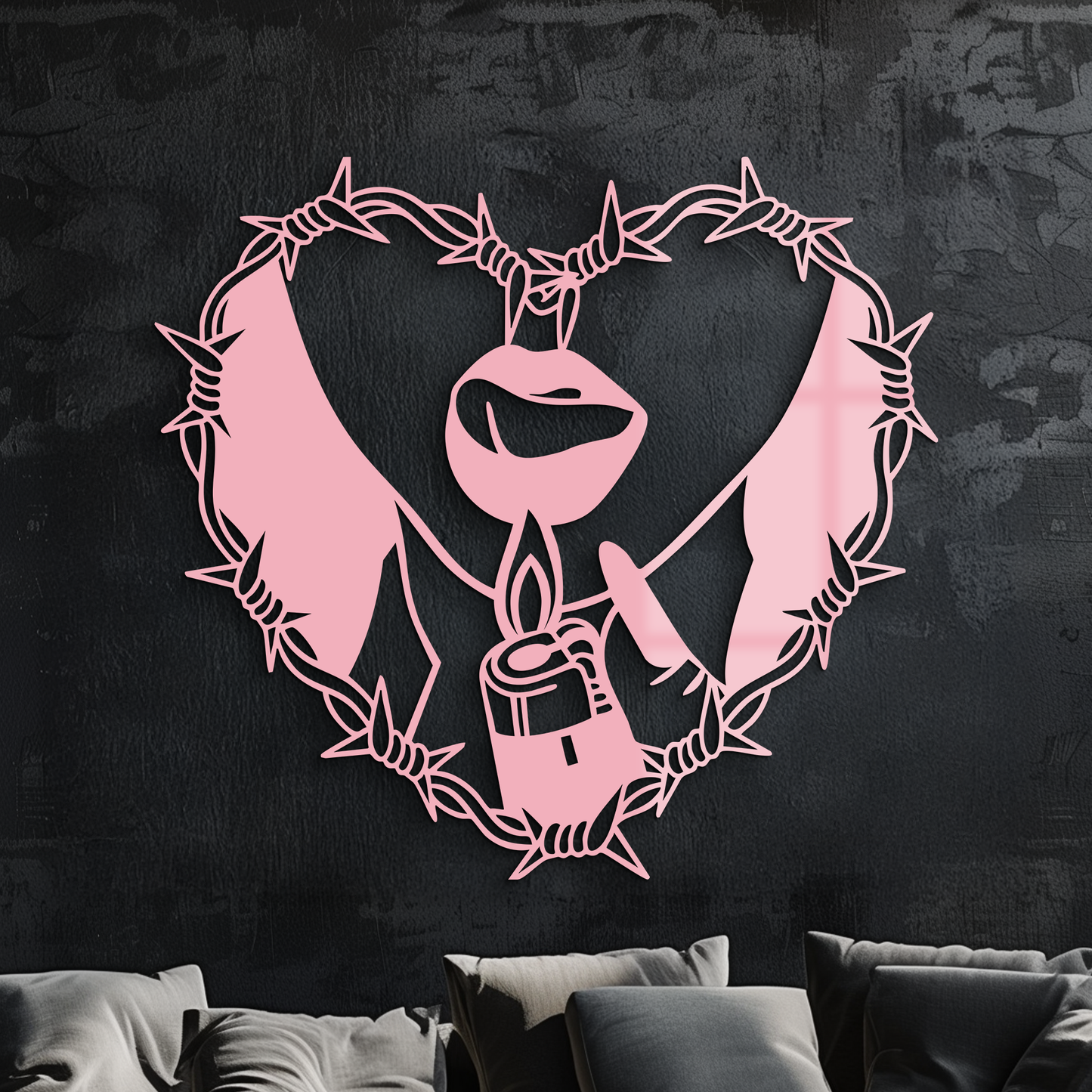 Heart Flame Metal Wall Art – Lips and Lighter Design with Barbed Wire Heart - KAFGP133 - Tampa Home & Garden Store