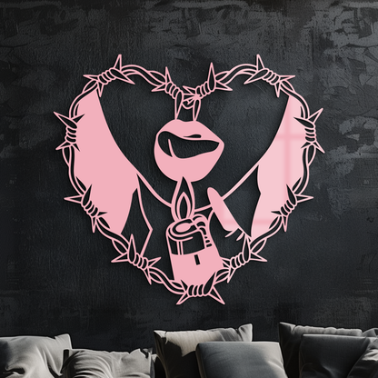 Heart Flame Metal Wall Art – Lips and Lighter Design with Barbed Wire Heart - KAFGP133 - Tampa Home & Garden Store