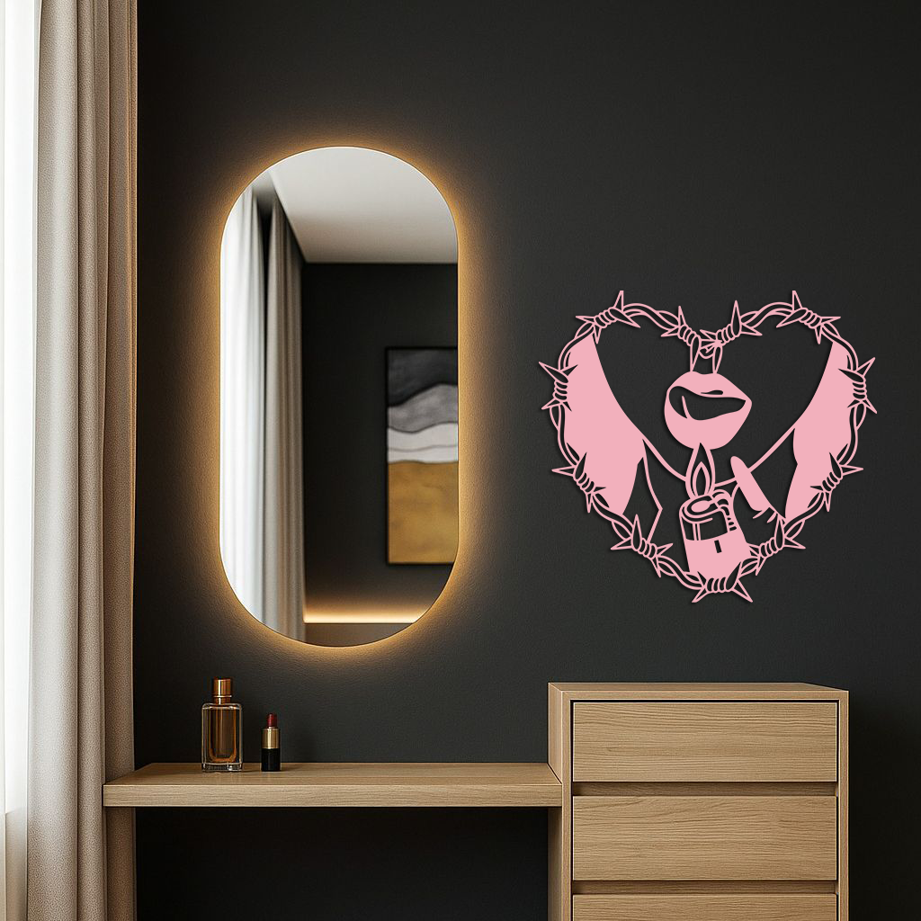 Heart Flame Metal Wall Art – Lips and Lighter Design with Barbed Wire Heart - KAFGP133 - Tampa Home & Garden Store