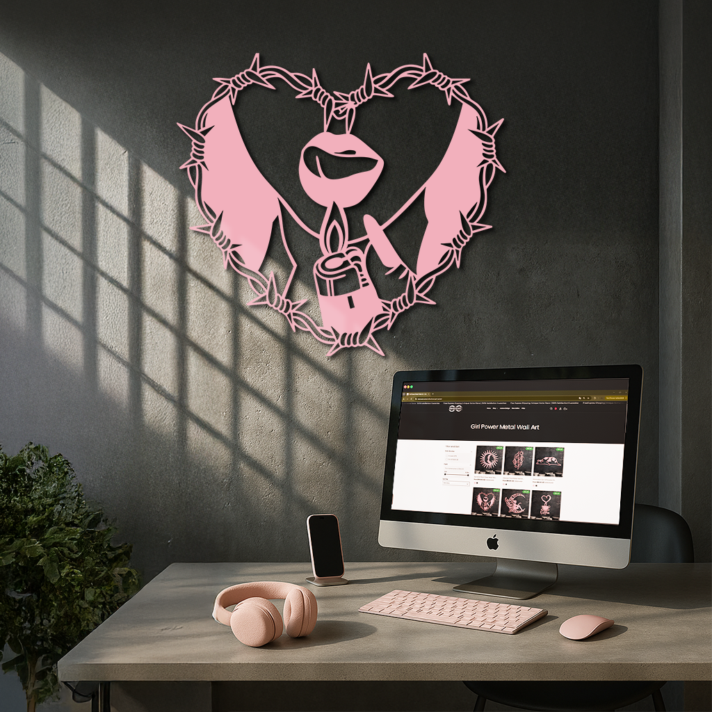 Heart Flame Metal Wall Art – Lips and Lighter Design with Barbed Wire Heart - KAFGP133 - Tampa Home & Garden Store