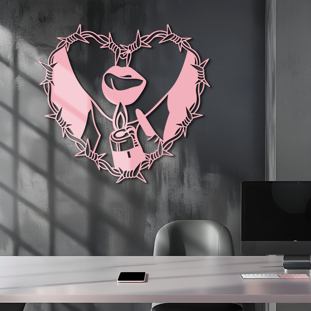 Heart Flame Metal Wall Art – Lips and Lighter Design with Barbed Wire Heart - KAFGP133 - Tampa Home & Garden Store
