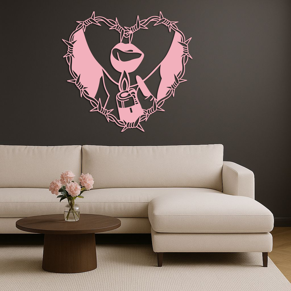 Heart Flame Metal Wall Art – Lips and Lighter Design with Barbed Wire Heart - KAFGP133 - Tampa Home & Garden Store