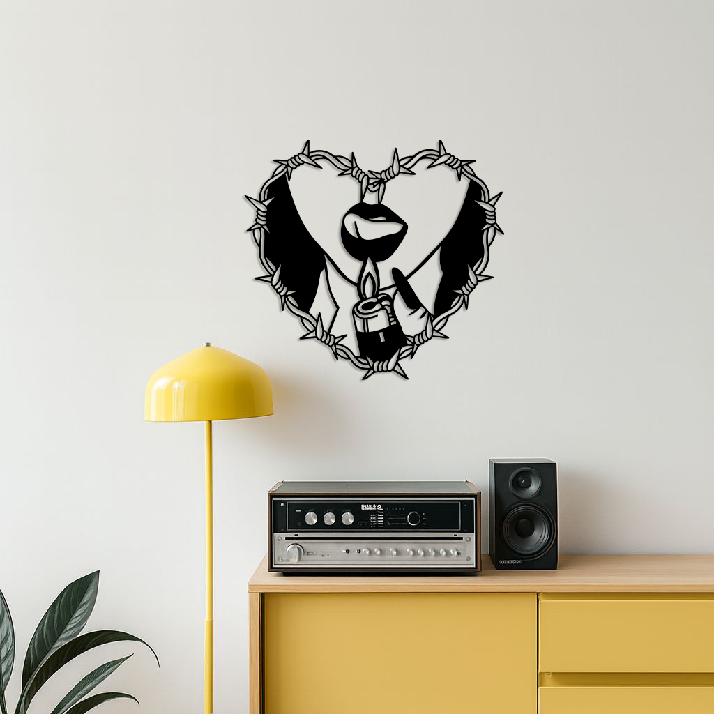 Heart Flame Metal Wall Art – Lips and Lighter Design with Barbed Wire Heart - KAFGP133 - Tampa Home & Garden Store