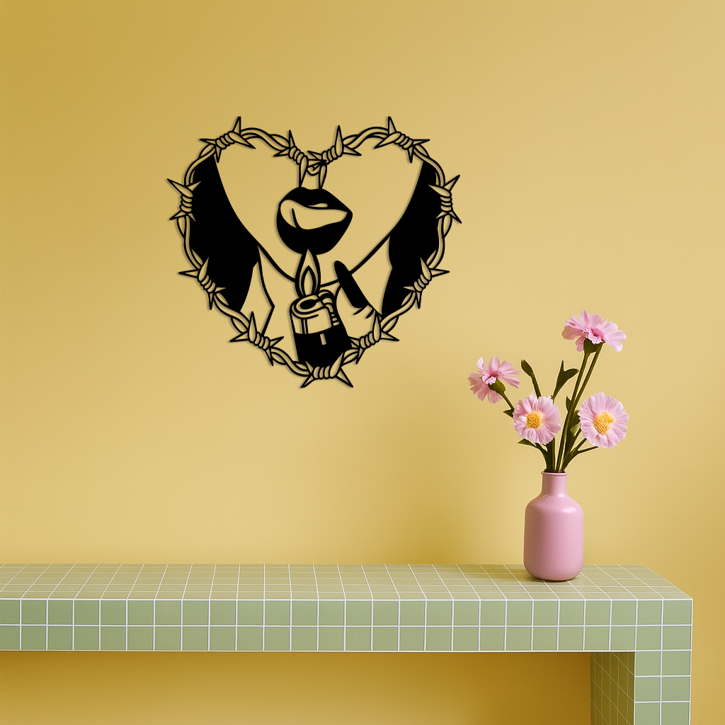 Heart Flame Metal Wall Art – Lips and Lighter Design with Barbed Wire Heart - KAFGP133 - Tampa Home & Garden Store