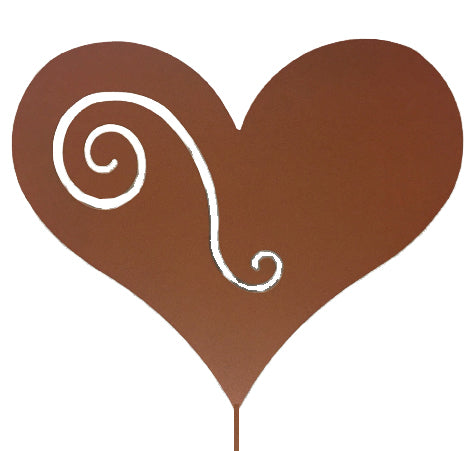 Heart garden stake with white swirl accent in rust finish by Rustica Ornamentals on Tampa Home & Garden Store