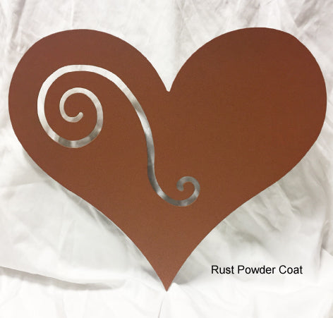Heart garden stake by Rustica Ornamentals, rust powder coat metal with silver spiral cutout on Tampa Home & Garden Store