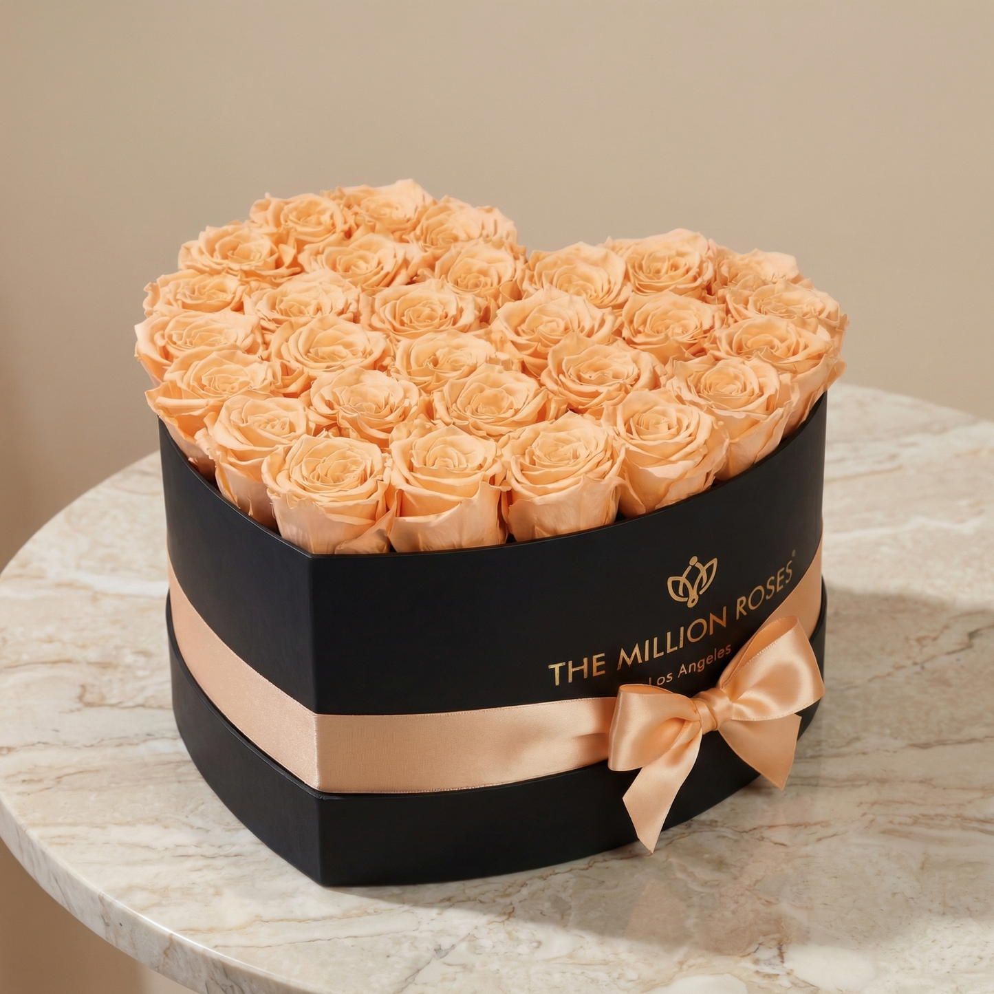 Heart Black Box peach eternity roses by The Million Roses in a hatbox with peach ribbon on Tampa Home & Garden Store