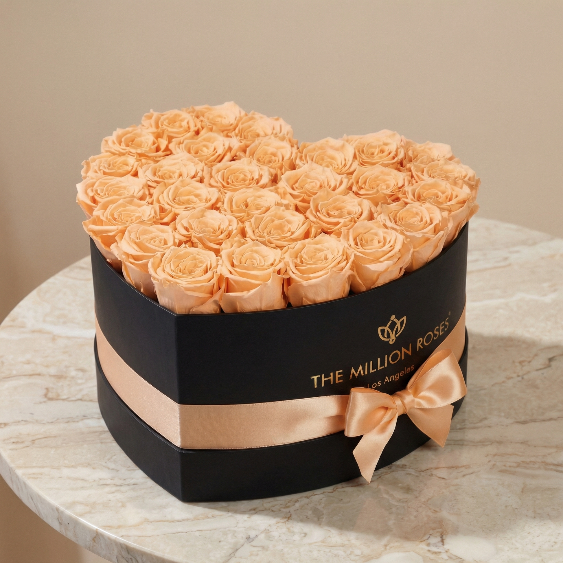 Heart Black Box peach eternity roses by The Million Roses in a hatbox with peach ribbon on Tampa Home & Garden Store
