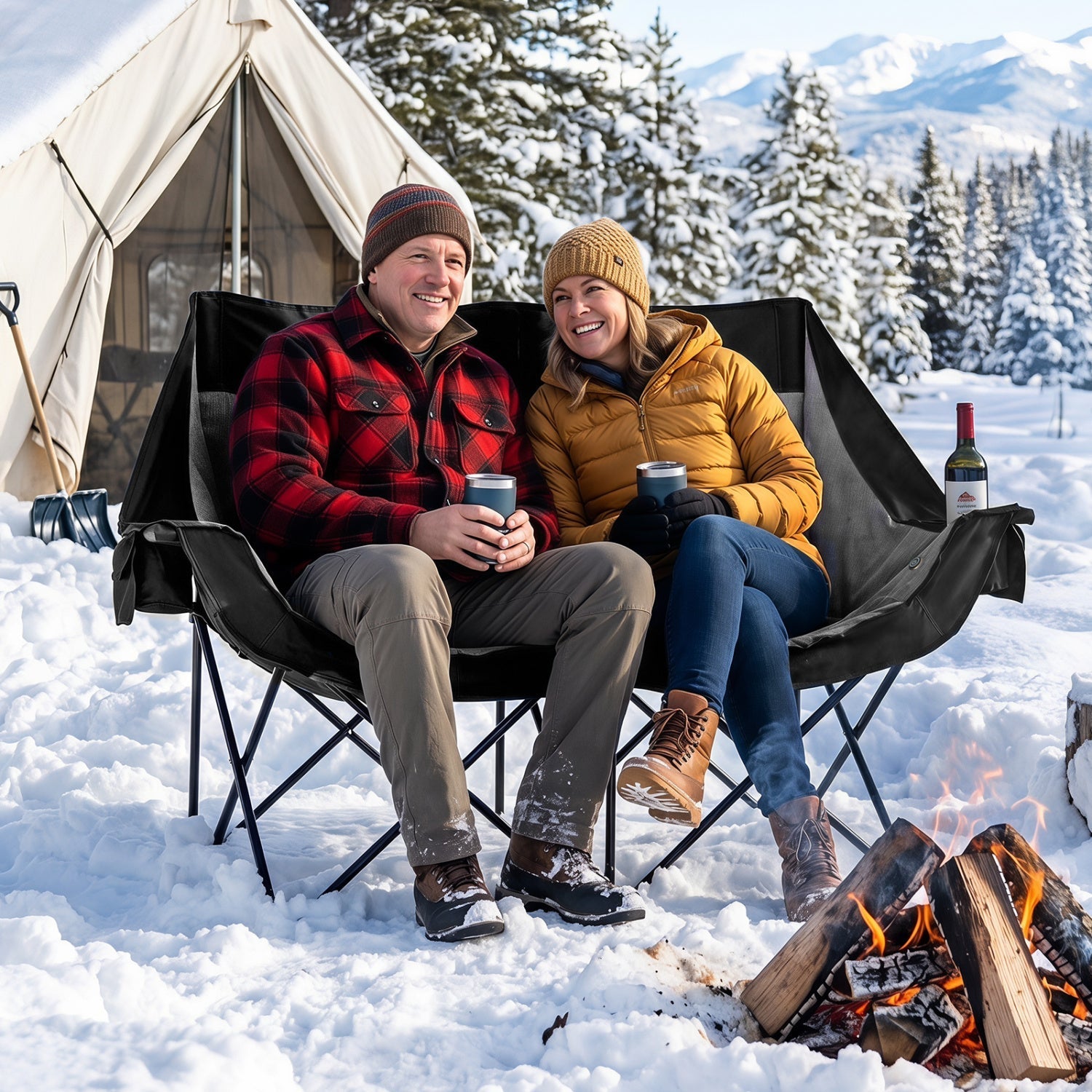 Double camping chair with 4 heating zones in black fabric, two people by campsite campfire on Tampa Home & Garden Store