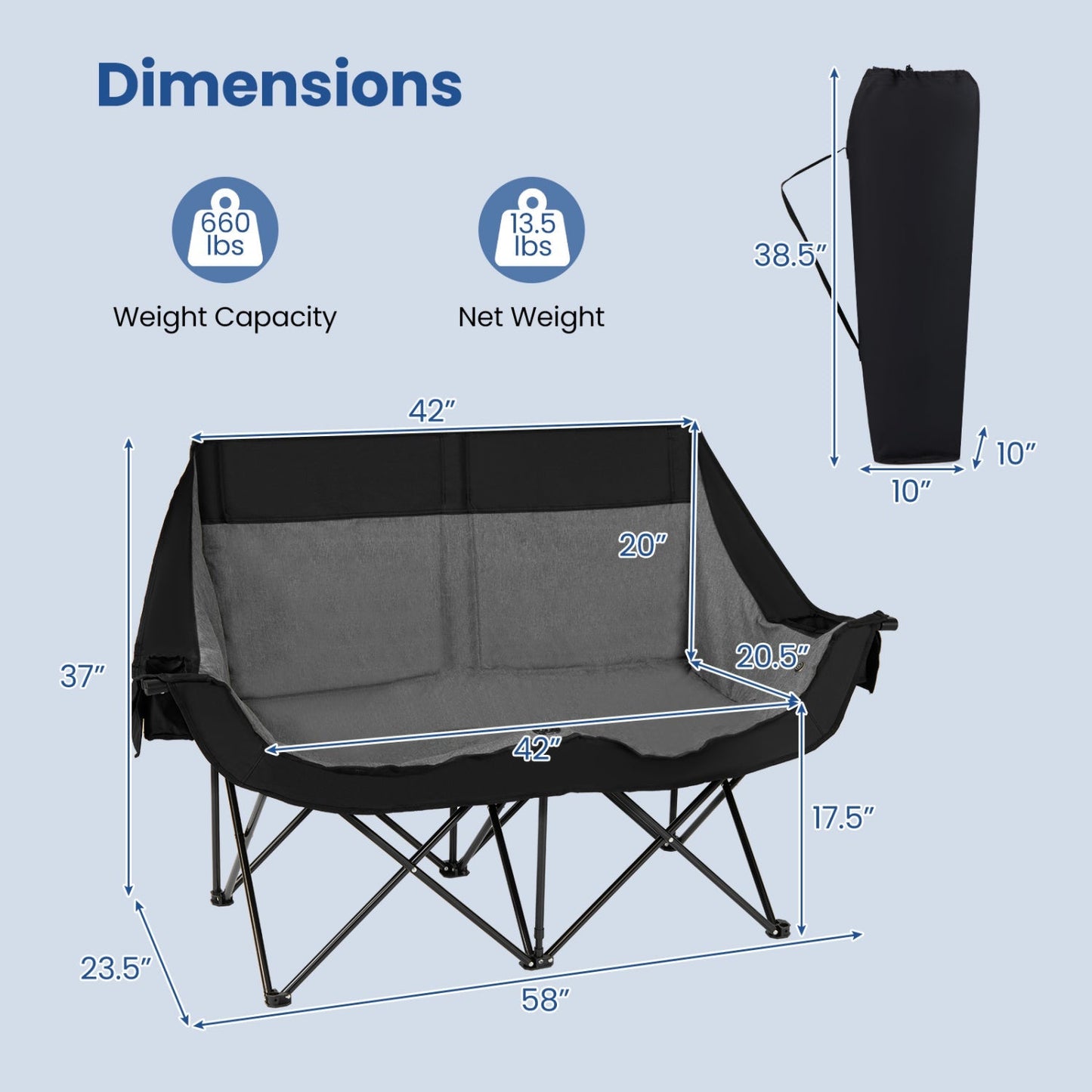 GemGear heated double camping chair with 4 heating zones in black fabric on Tampa Home & Garden Store