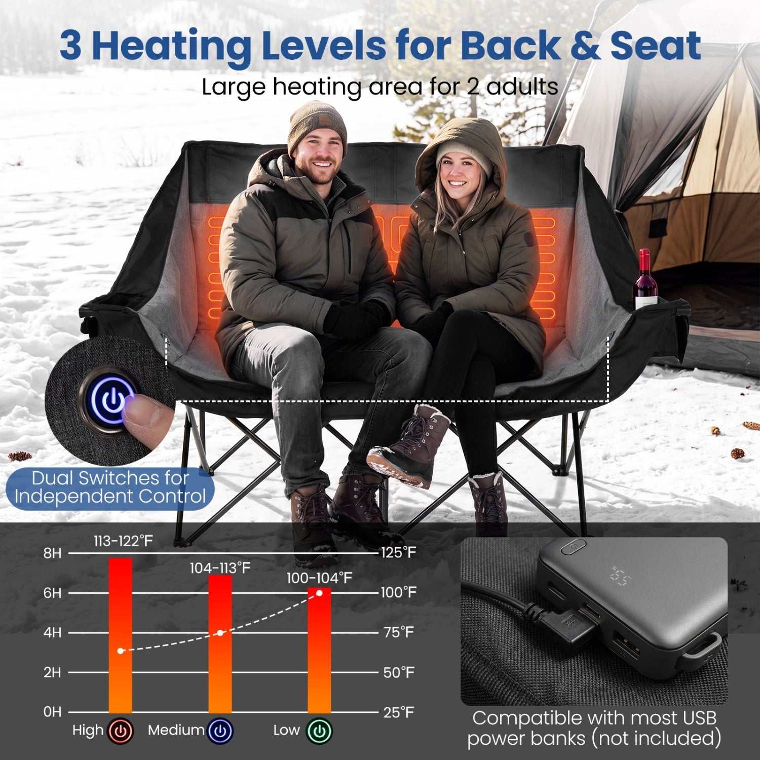 GemGear heated double camping chair in gray-green with 4 heating zones for two adults on Tampa Home & Garden Store