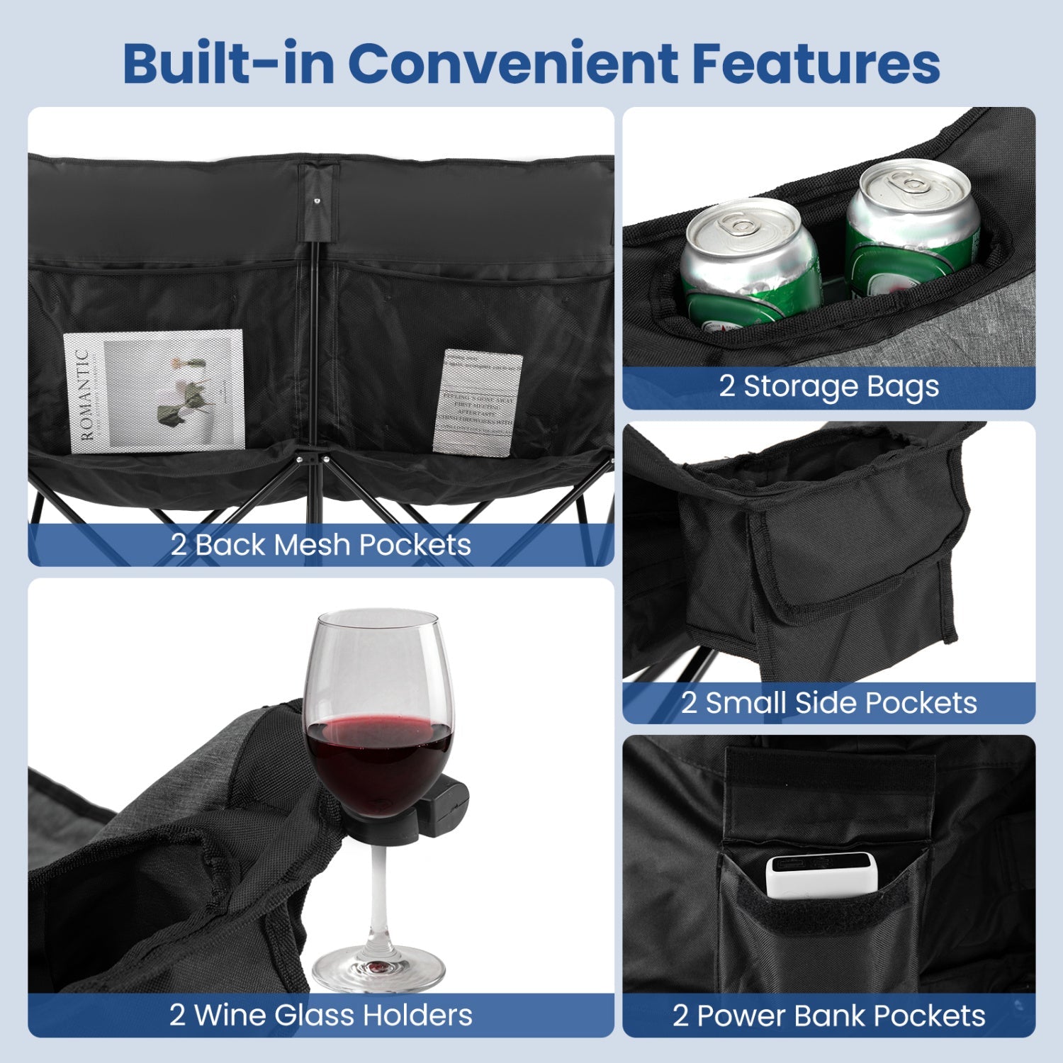 GemGear black heated double camping chair with 4 heating zones; features 2 back mesh pockets and 2 storage bags on Tampa Home & Garden Store