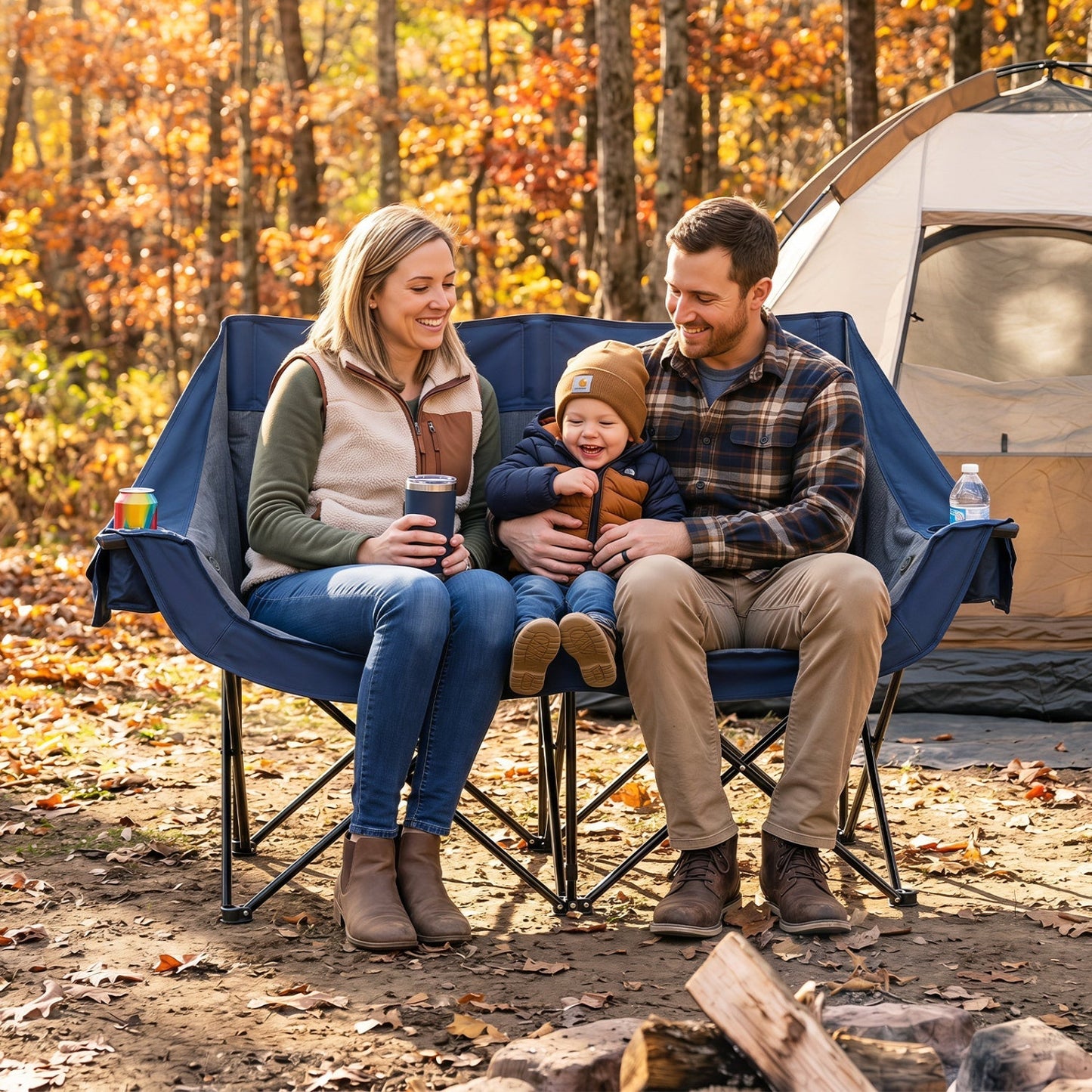 Heated double camping chair by GemGear with 4 heating zones in blue, family at fall campsite on Tampa Home & Garden Store