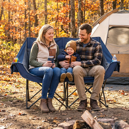 Heated double camping chair by GemGear with 4 heating zones in blue, family at fall campsite on Tampa Home & Garden Store