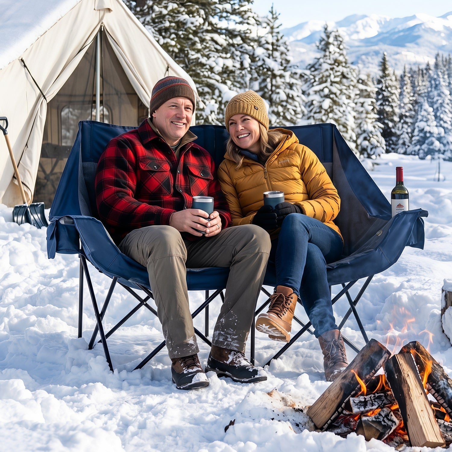 Heated double camping chair GemGear blue fabric with four heating zones on Tampa Home & Garden Store
