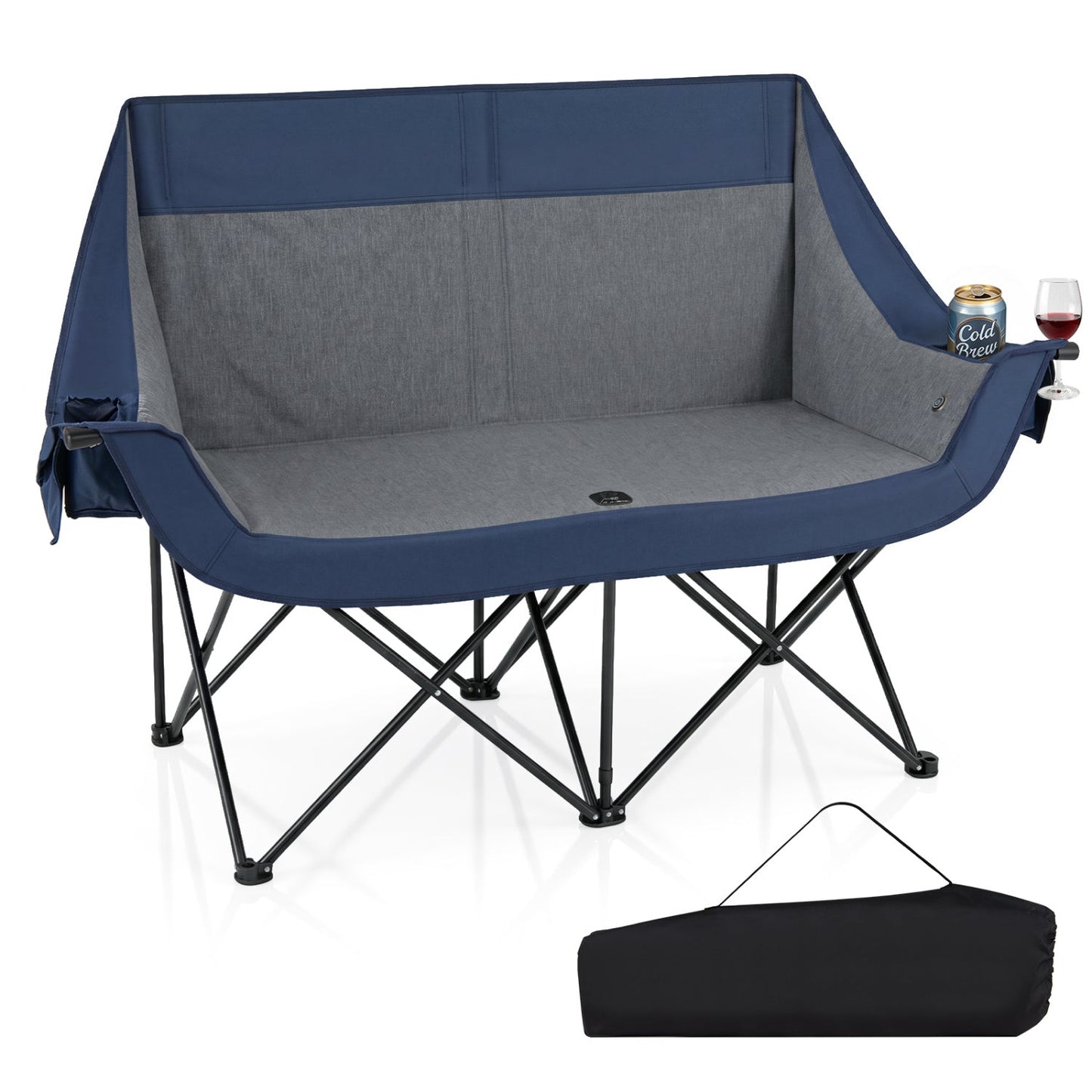 GemGear heated double camping chair blue/gray with 4 heating zones and cup holders on Tampa Home & Garden Store