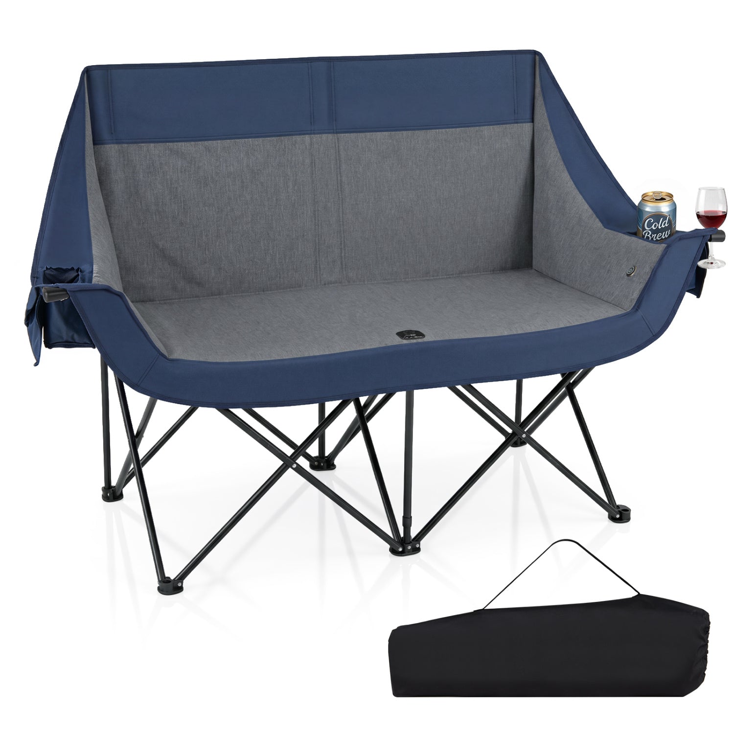 GemGear heated double camping chair blue/gray with 4 heating zones and cup holders on Tampa Home & Garden Store