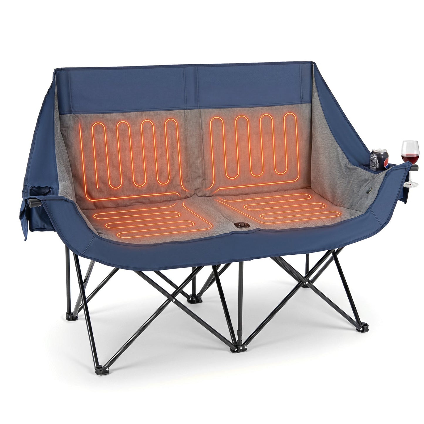Heated double camping chair by GemGear in blue with 4 heating zones and side cup holder on Tampa Home & Garden Store