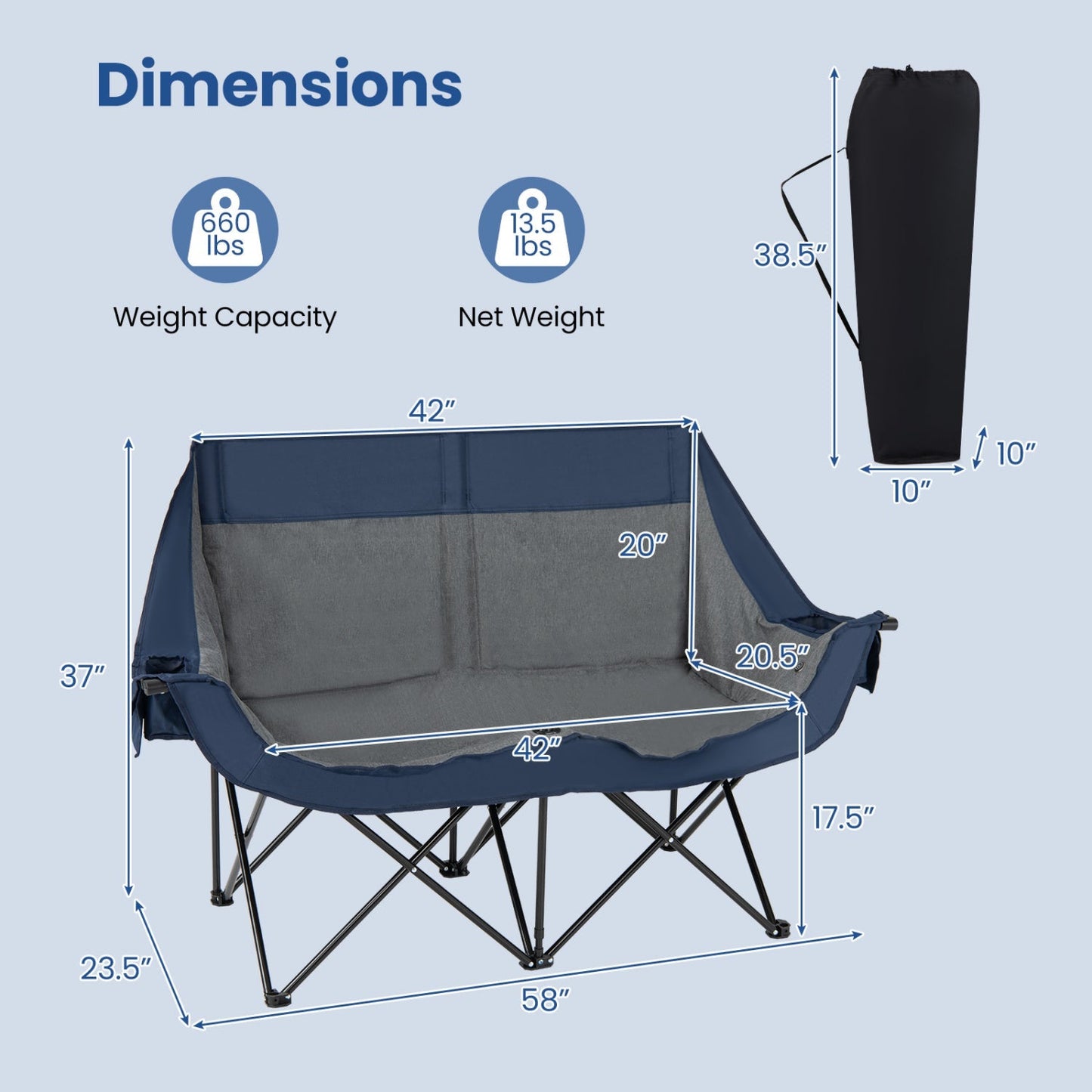 GemGear heated double camping chair with 4 heating zones in navy blue and gray fabric on Tampa Home & Garden Store