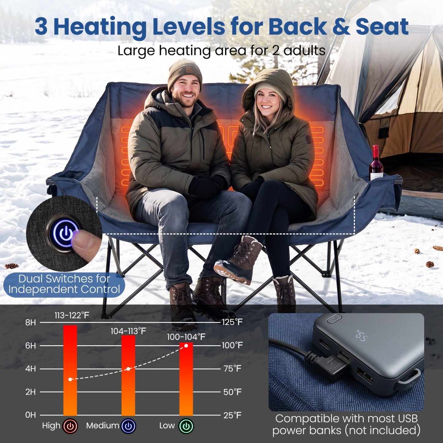GemGear heated double camping chair with 4 heating zones for 2 adults, dual controls on Tampa Home & Garden Store