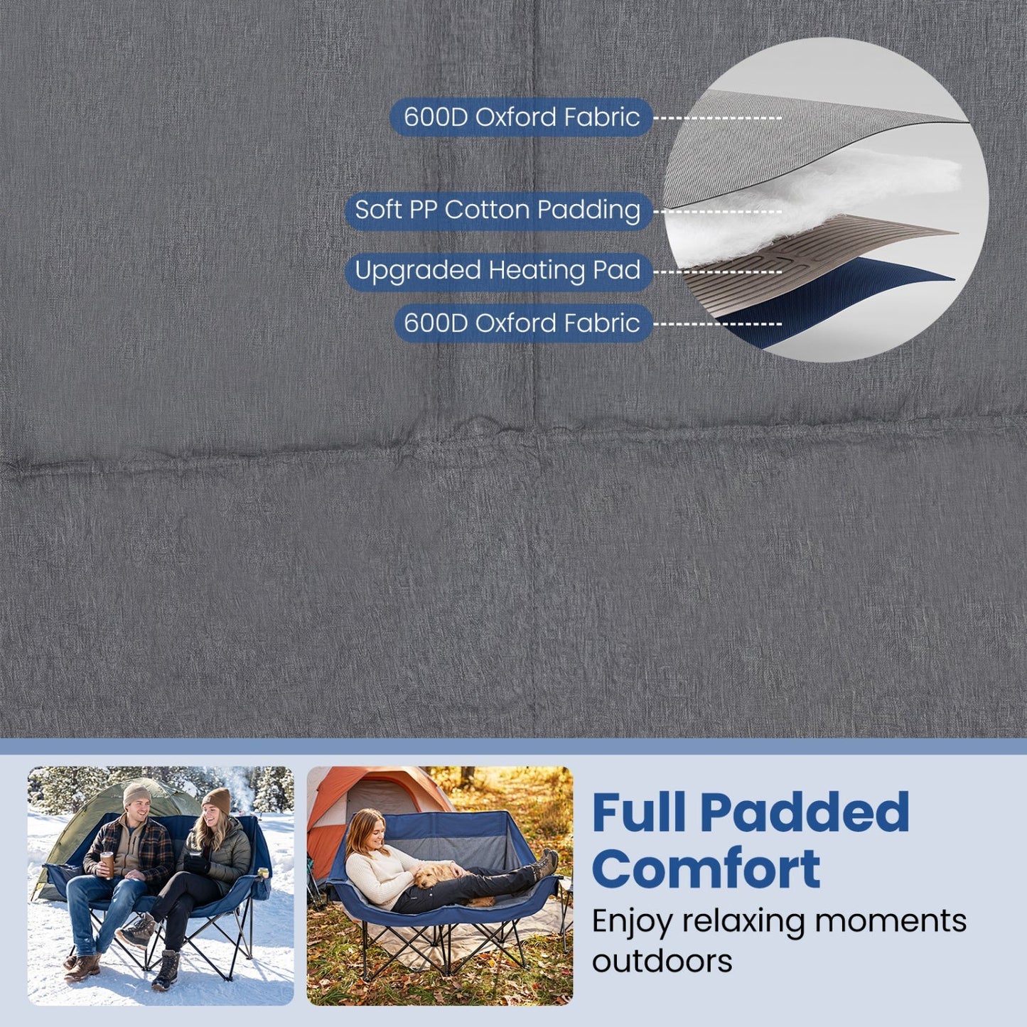 Heated double camping chair with 4 heating zones illustrated with 600D Oxford fabric on Tampa Home & Garden Store