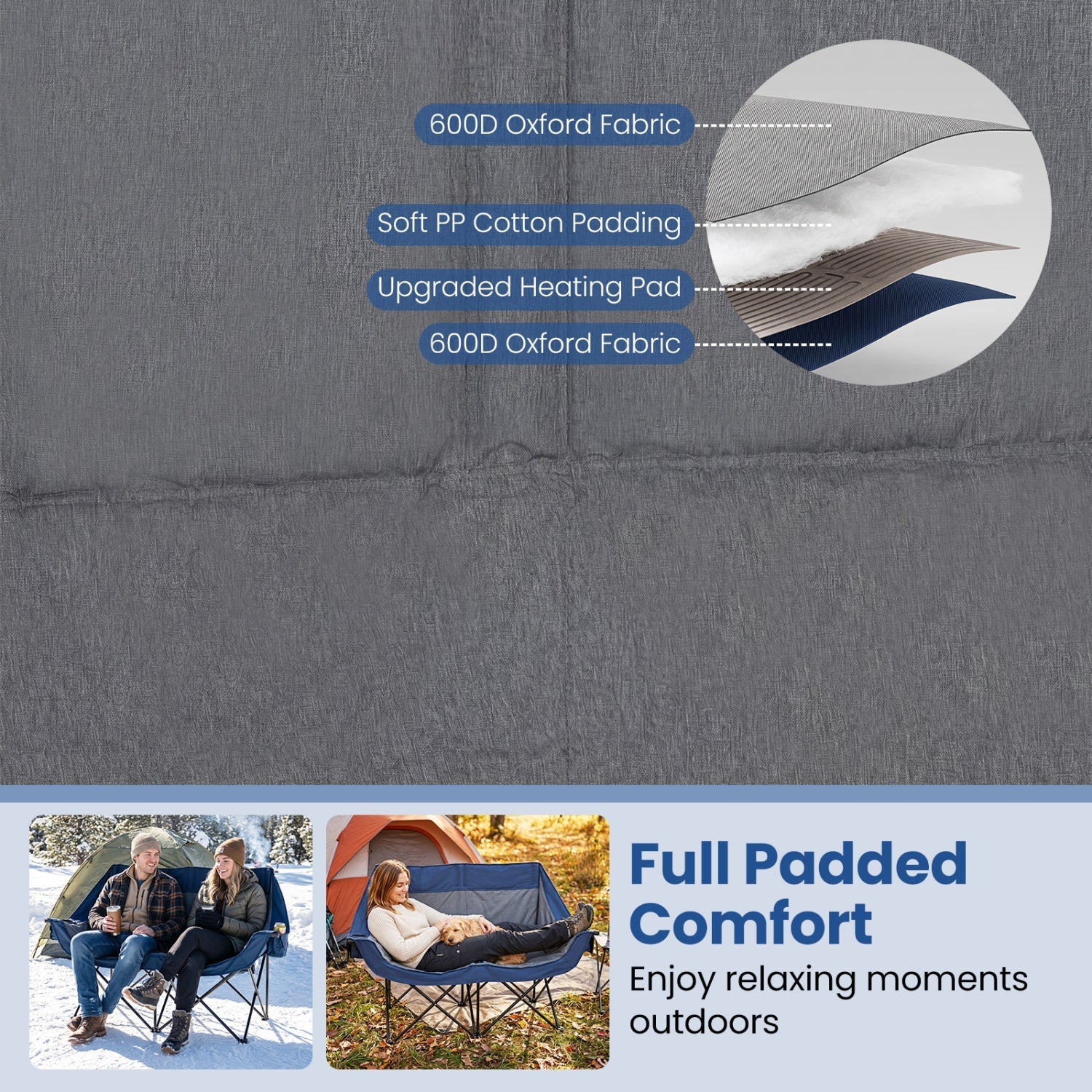 Heated double camping chair with 4 heating zones illustrated with 600D Oxford fabric on Tampa Home & Garden Store
