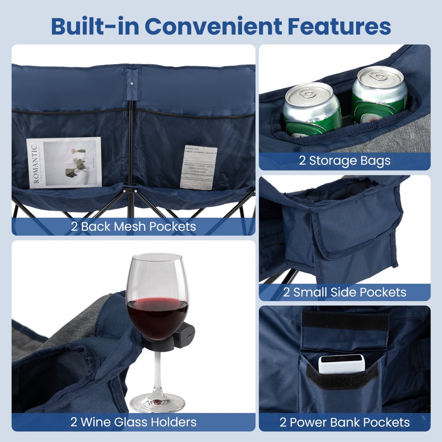 Heated double camping chair GemGear navy with 4 heating zones; 2 back mesh pockets 2 storage bags on Tampa Home & Garden Store