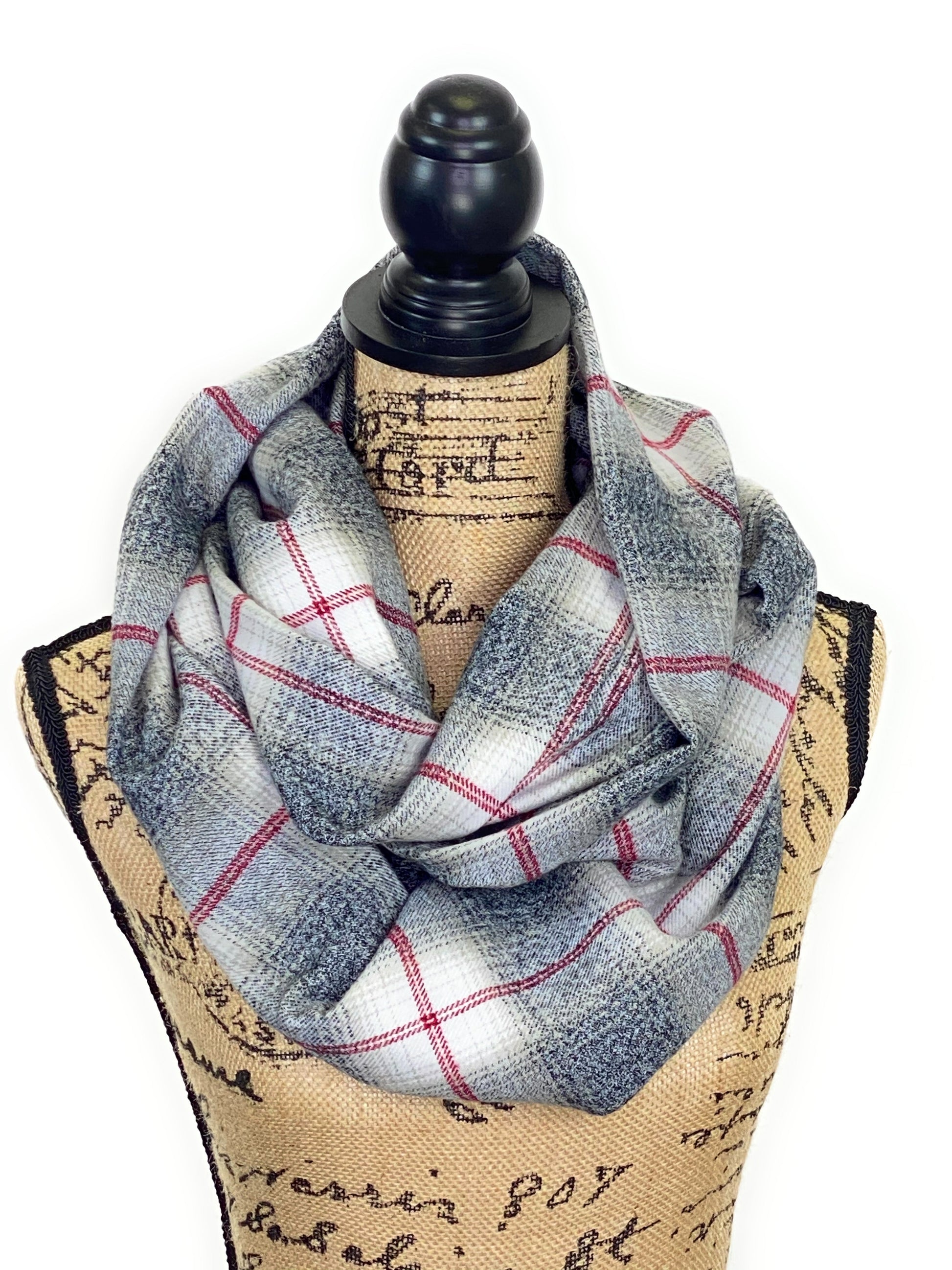 Heather Gray with Light Tan Ombre, White and Red Plaid Medium Weight Flannel Scarf - Tampa Home & Garden Store