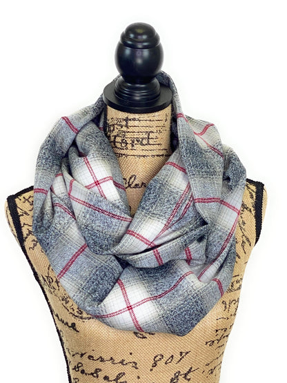 Heather Gray with Light Tan Ombre, White and Red Plaid Medium Weight Flannel Scarf - Tampa Home & Garden Store