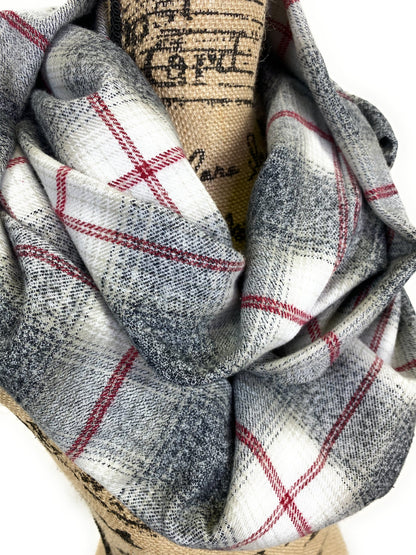 Heather Gray with Light Tan Ombre, White and Red Plaid Medium Weight Flannel Scarf - Tampa Home & Garden Store
