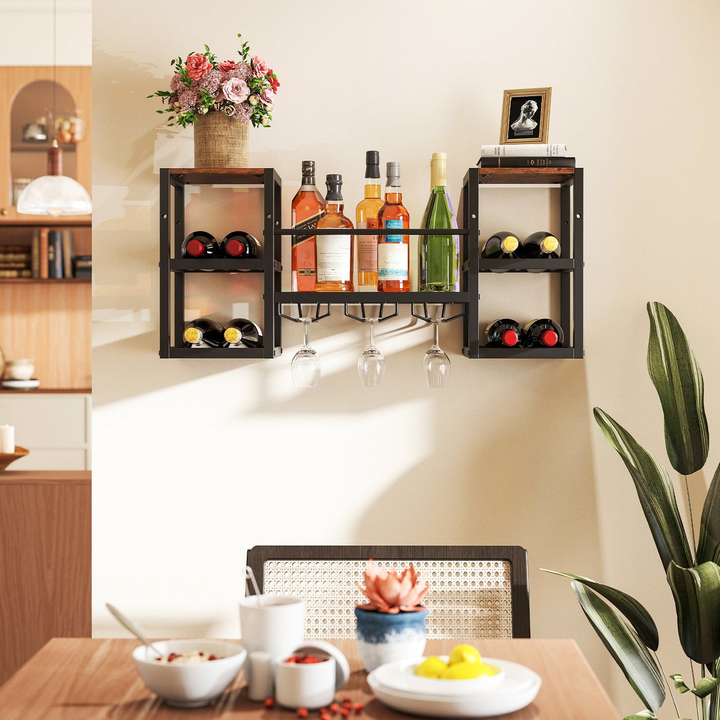 Botellero resistente de pared con soporte para copas, estructura metálica, 8 botellas, marrón rústico