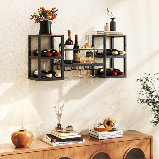 Botellero resistente de pared con soporte para copas, estructura metálica, 8 botellas, marrón rústico