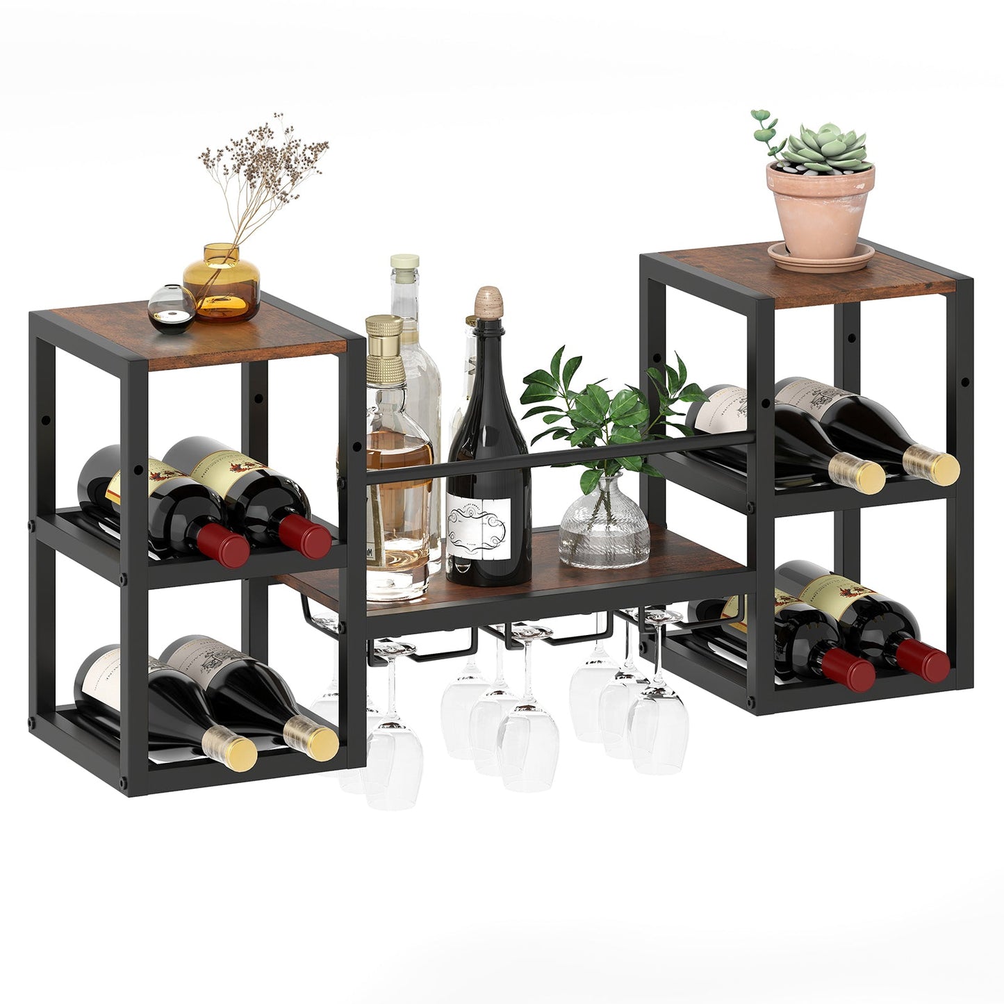 Botellero resistente de pared con soporte para copas, estructura metálica, 8 botellas, marrón rústico