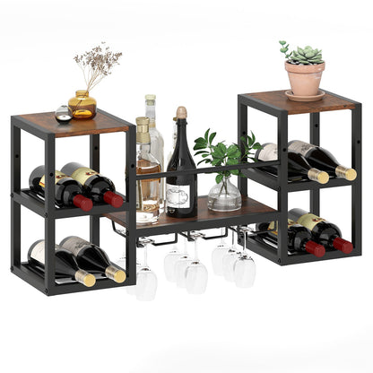 Botellero resistente de pared con soporte para copas, estructura metálica, 8 botellas, marrón rústico