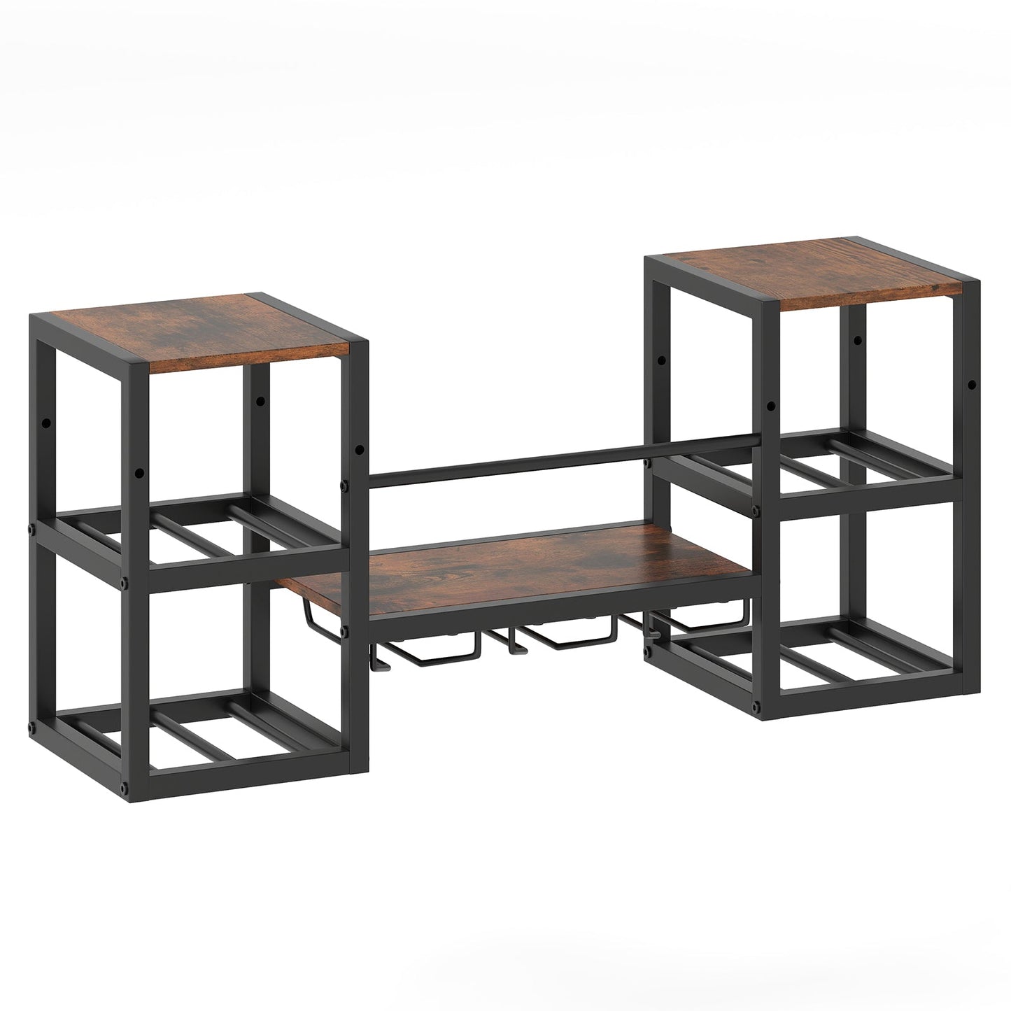 Botellero resistente de pared con soporte para copas, estructura metálica, 8 botellas, marrón rústico