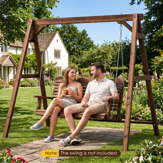 Carbonized fir wood porch swing frame with 880 lb capacity, brown finish, two-seat with chains on Tampa Home & Garden Store