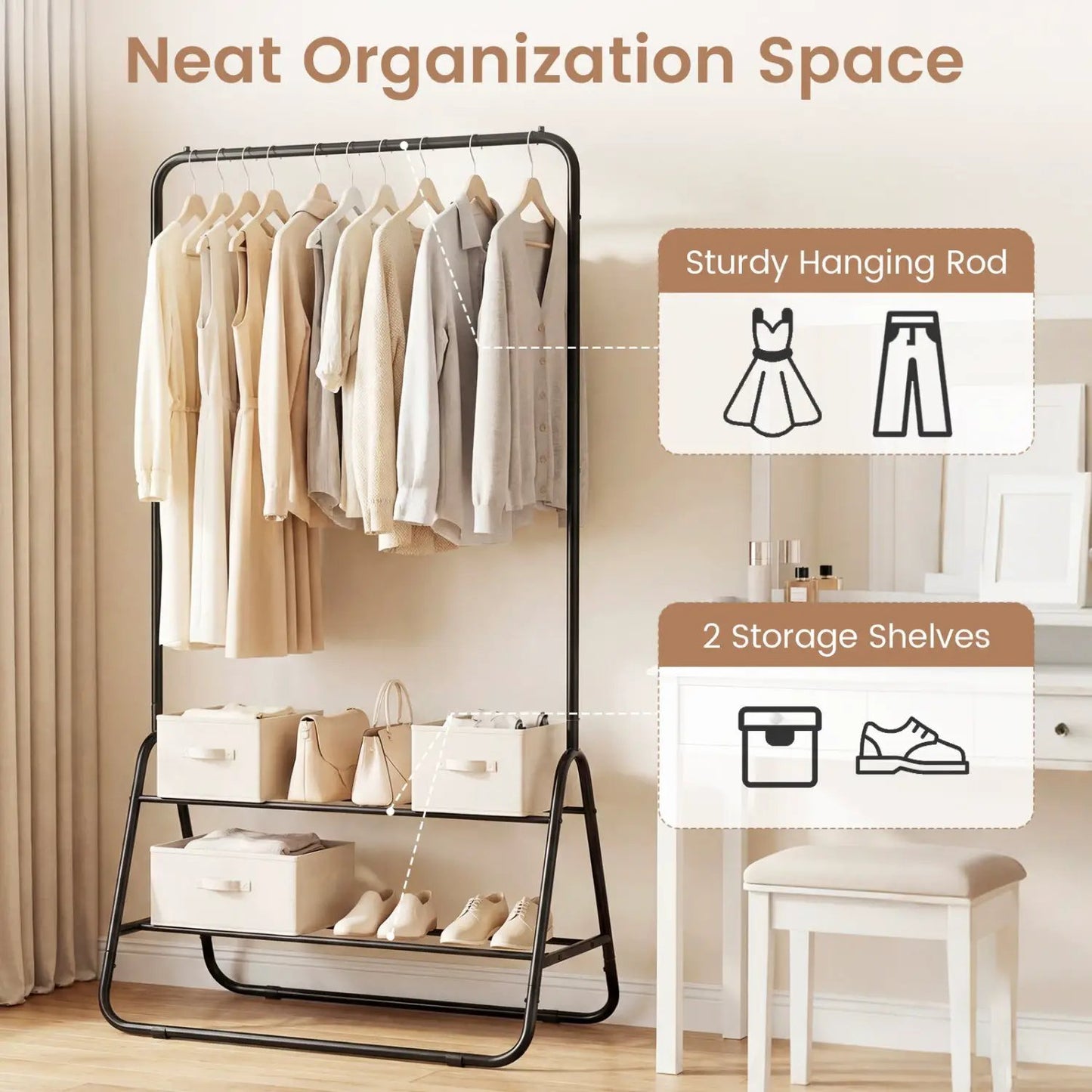 Durable Clothes Rack With Hanging Rod and Shelves