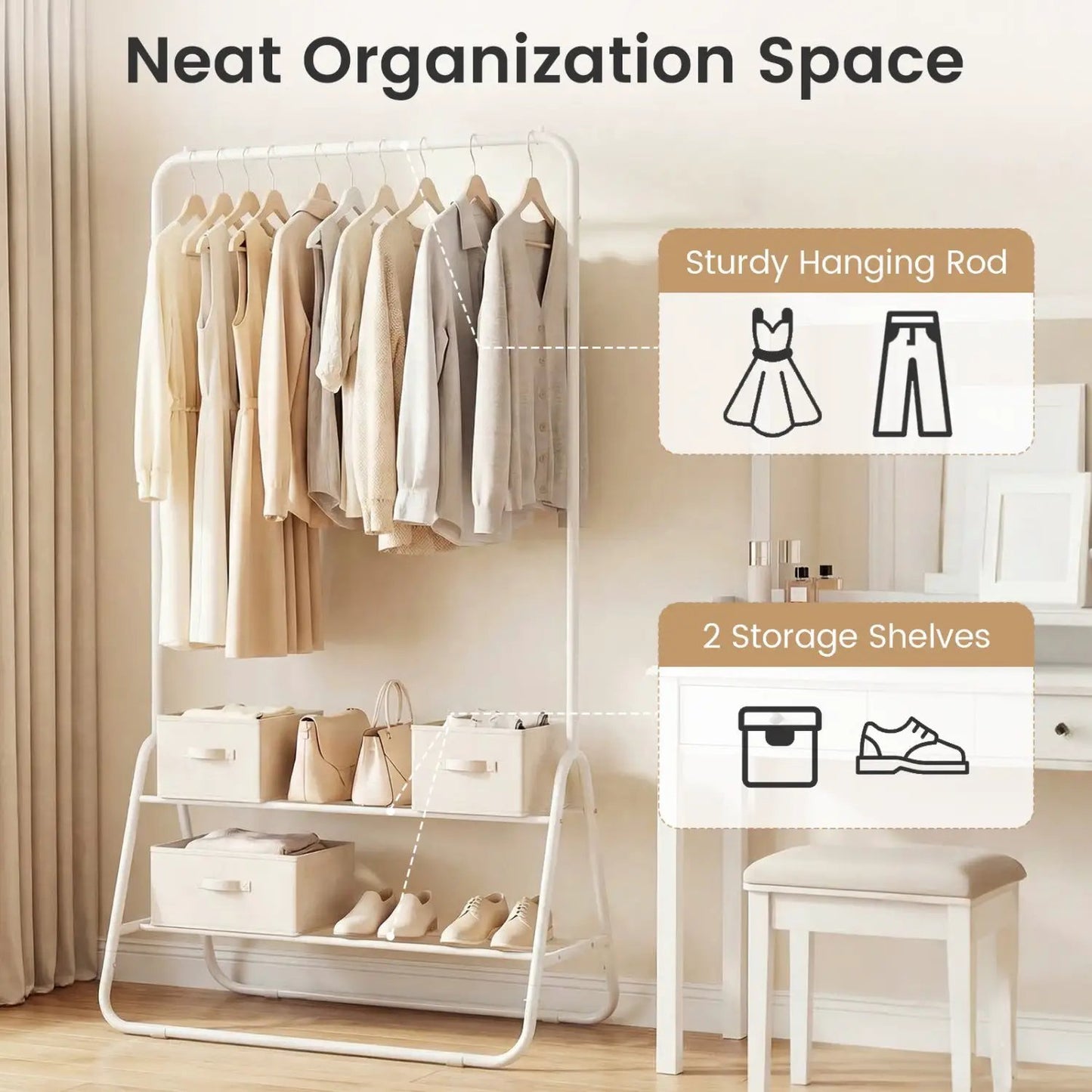 Durable Clothes Rack With Hanging Rod and Shelves
