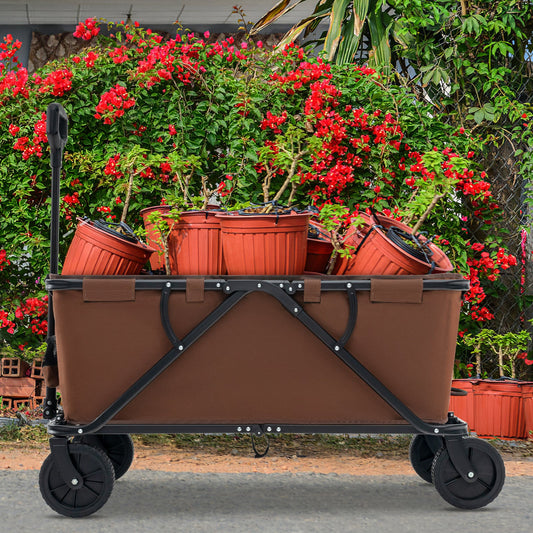 Collapsible Folding Wagon Cart with Adjustable Handlebar-Coffee - Tampa Home & Garden Store