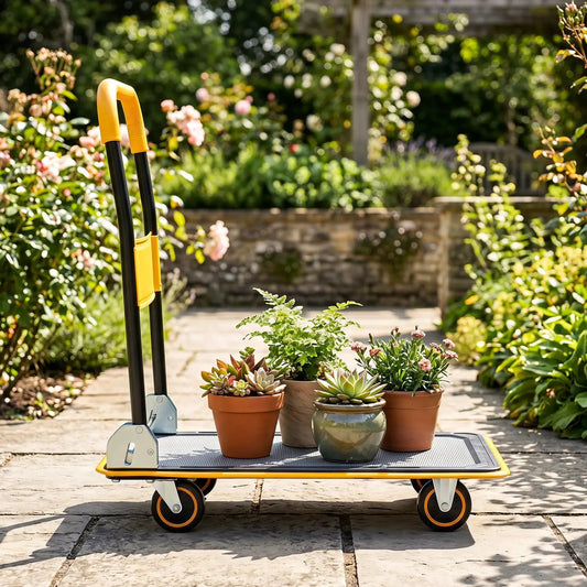 Foldable hand truck with yellow handle and black frame DirectDeals, 560 lb capacity on Tampa Home & Garden Store