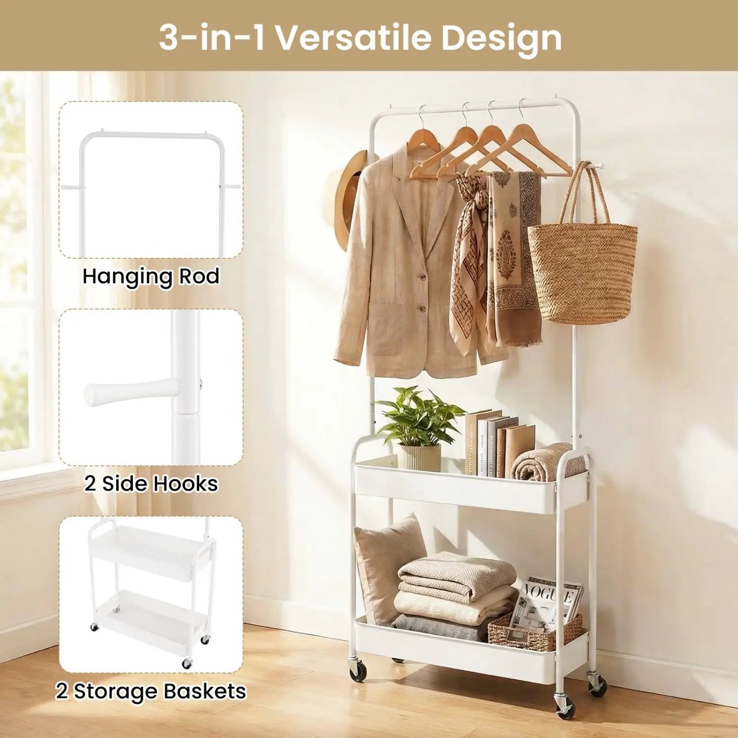 Heavy Duty Laundry Cart with Rod and Baskets