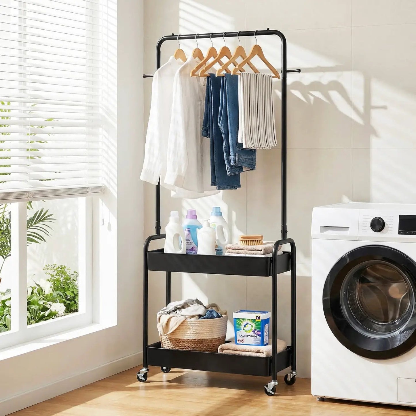 Heavy Duty Laundry Cart with Rod and Baskets