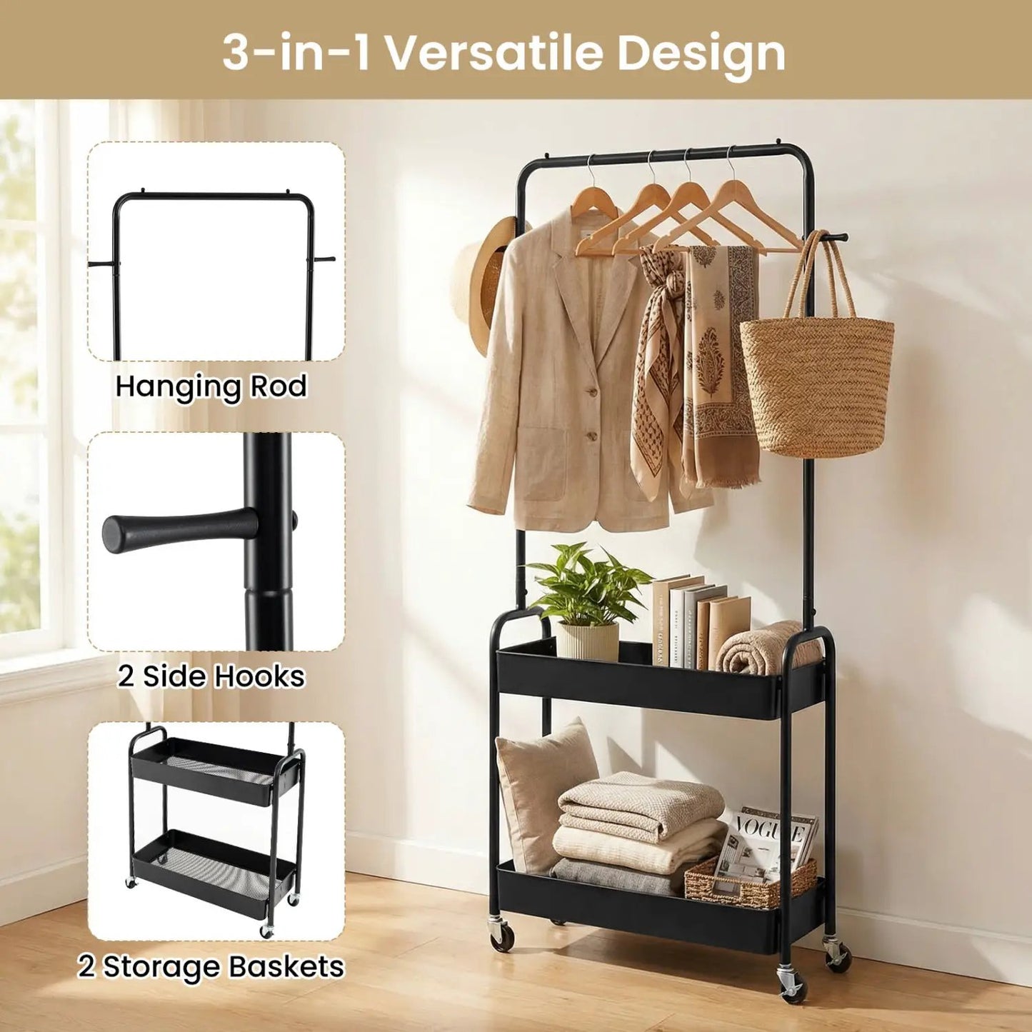 Heavy Duty Laundry Cart with Rod and Baskets