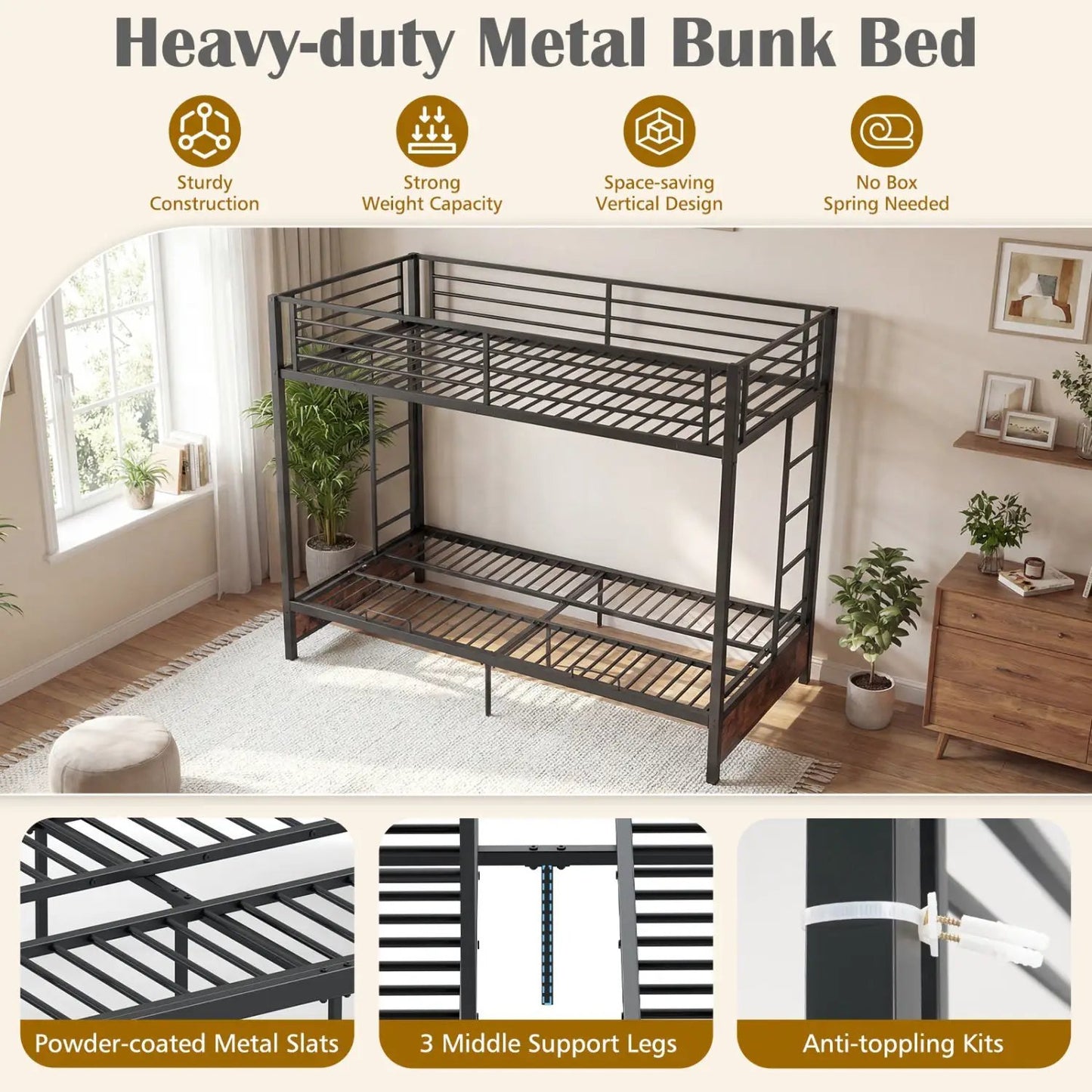 Heavy Duty Metal Bunk Bed Frame with Headboard