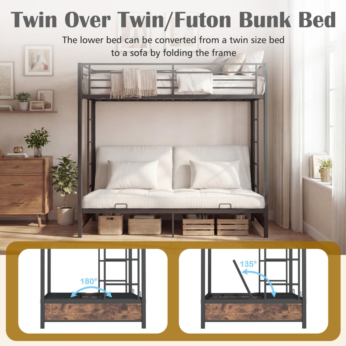 Heavy Duty Metal Bunk Bed Frame with Headboard