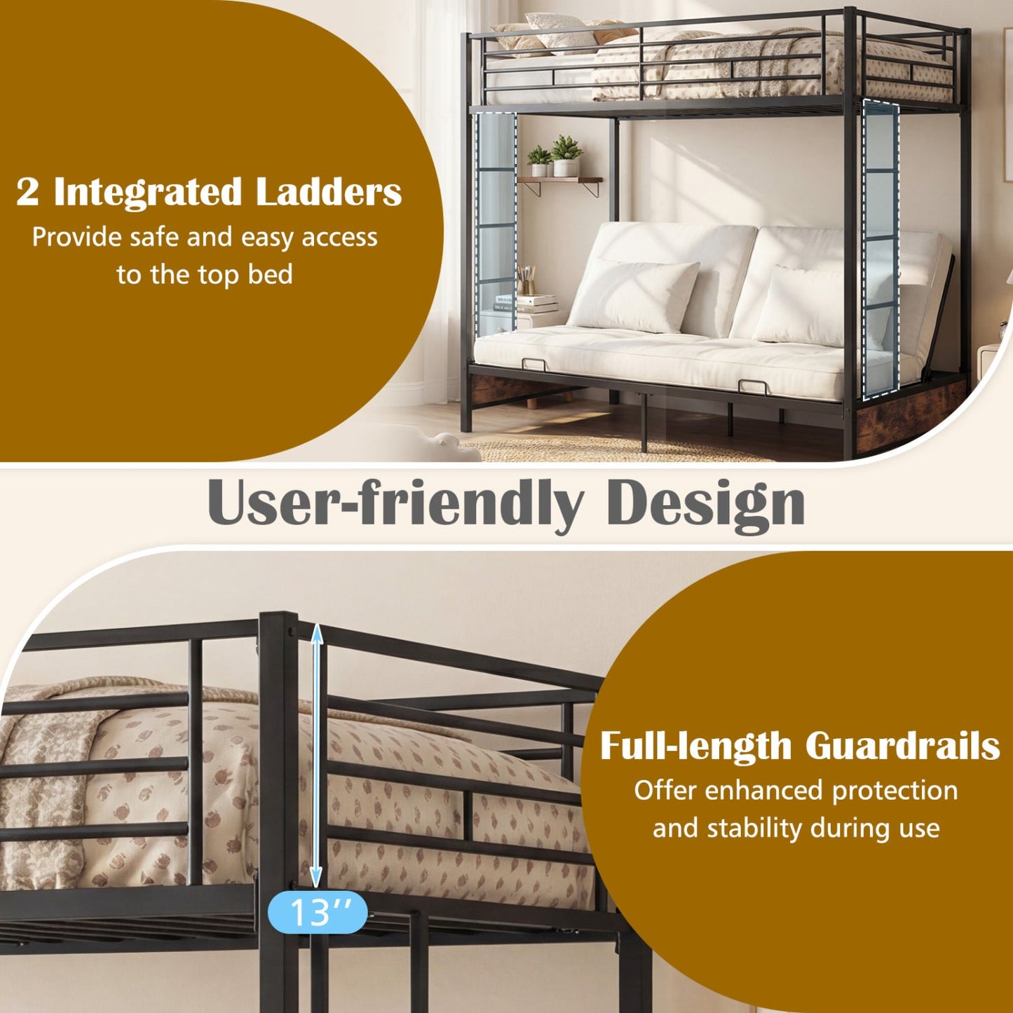 Heavy Duty Metal Bunk Bed Frame with Headboard