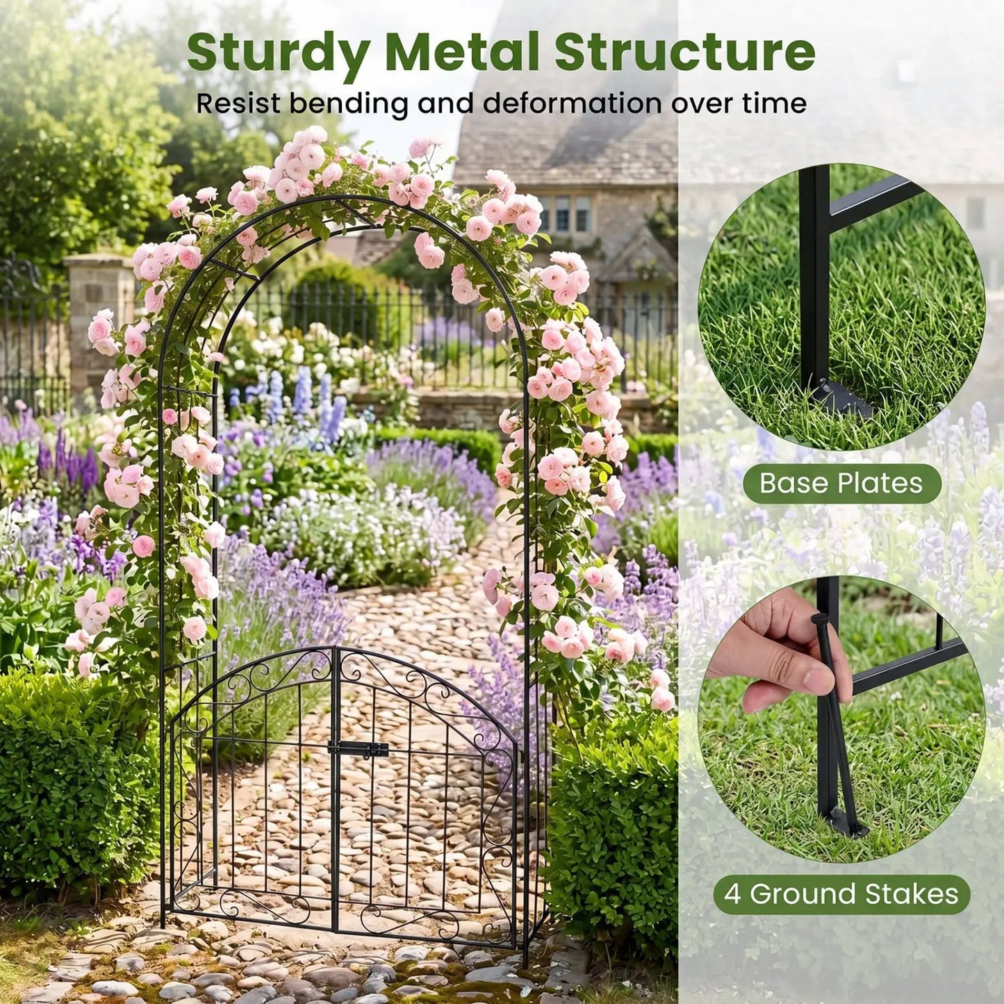 Metal Garden Arch With Gate and Safety Latch