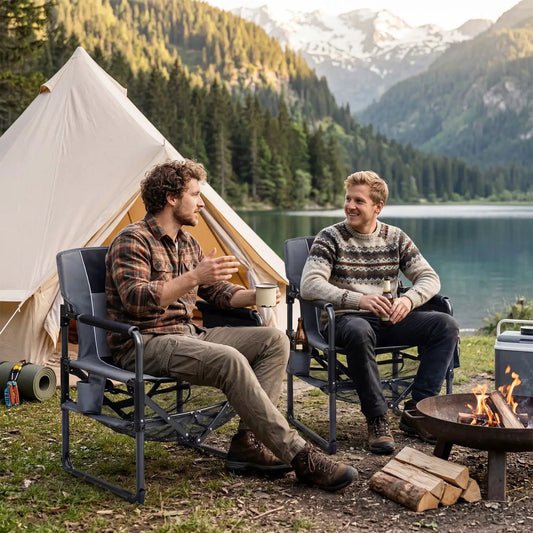 Camping chair DirectDeals heavy duty with cup holder and bottle opener by a lakeside tent on Tampa Home & Garden Store