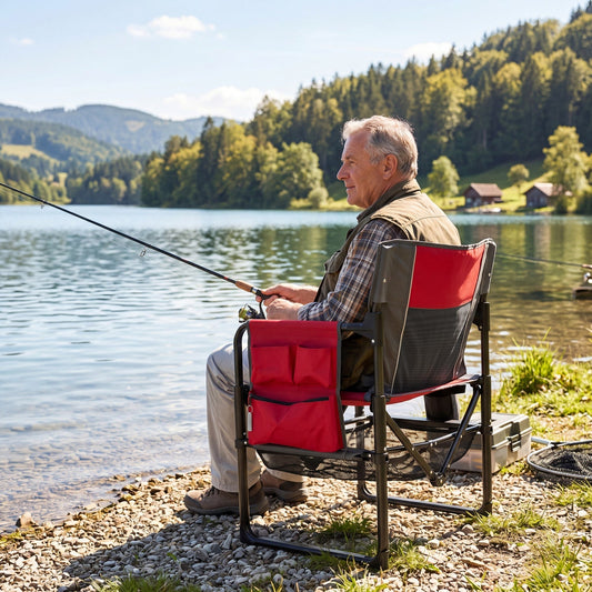 GemGear Heavy Duty Camping Chair with red seat, black frame, cup holder and storage by lake on Tampa Home & Garden Store